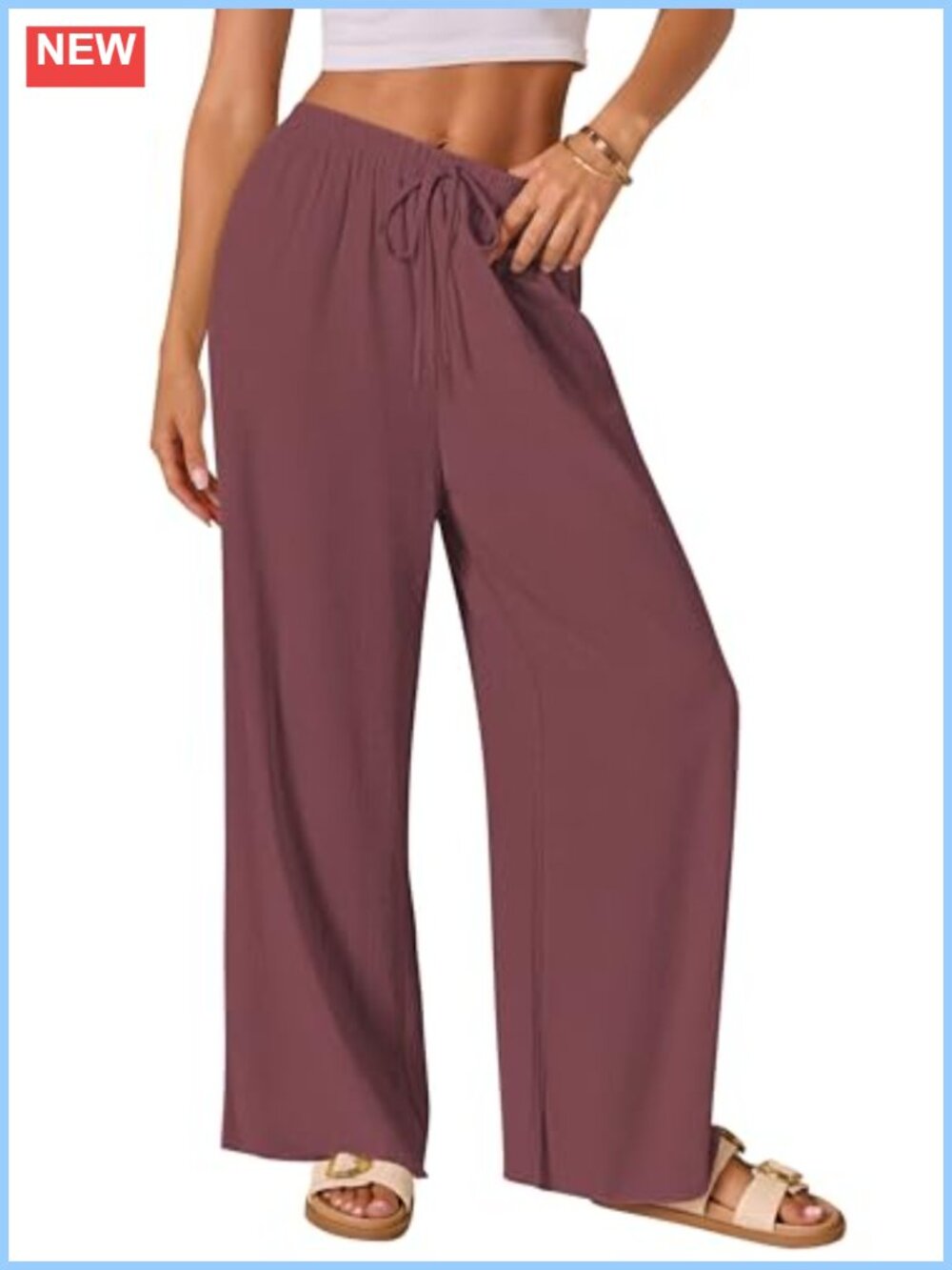 Cotton Linen Palazzo Pants Drawstring Elastic Waist Wide Leg Lounge